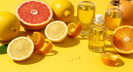 "Bright citrus theme: lemon slices, orange peel, grapefruit half, essential oils in clear bottles, and yellow background with vibrant fresh sunlight."