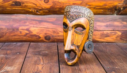 Wooden carved face mask on wood