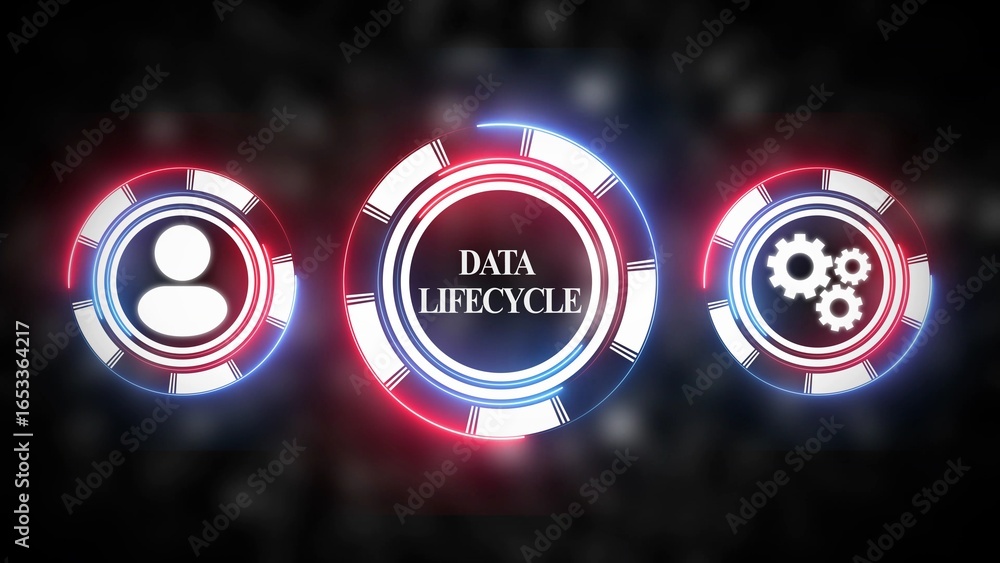 Poster three glowing digital circles with red and blue neon outlines representing data lifecycle user and g