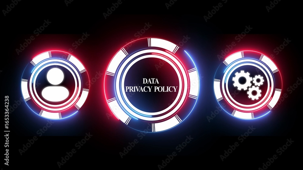 Poster three glowing neon circles with icons for data privacy policy and gears on a dark background data se
