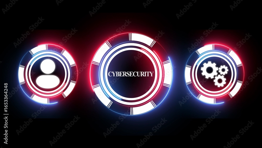 Aufkleber three glowing neon circles with icons for cybersecurity user and gears on black background data prot