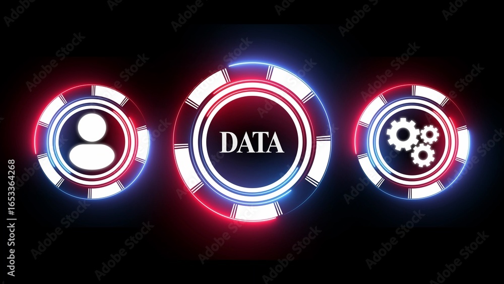 Poster three glowing neon circles with icons for data user and gears on black background information big da