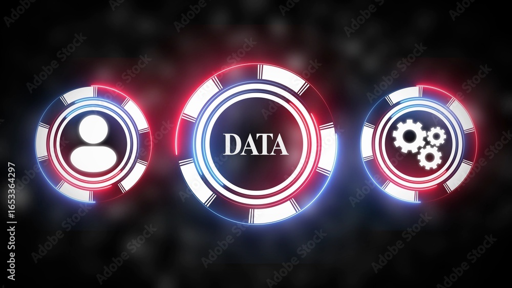 Poster three glowing neon circles with icons for data user and gears on blurred bokeh background informatio