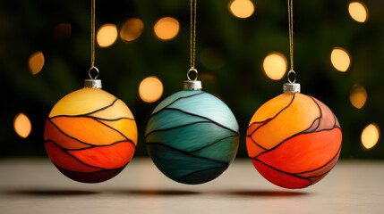 Colorful decorative ornaments hang against a softly blurred background of lights, showcasing artistic designs in orange, teal, and yellow.