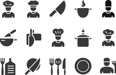 Collection of Kitchen and Cooking Silhouette Vector Icons. Chef, Utensils, Knife, Pot, Plate, Restaurant and Food Symbols for Culinary Design and Branding