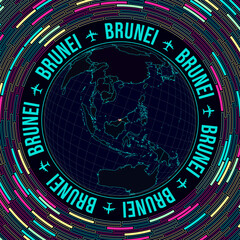 Brunei on globe. Satelite view of the world centered to Brunei. Bright neon style. Futuristic radial bricks background. Astonishing vector illustration.