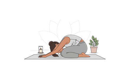 woman in a light grey top and pants rests in Child's Pose on a grey yoga mat with a lit candle and potted plant nearby