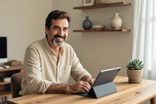 A smiling, mature man with a graying beard sits at a wooden desk using a tablet while resting in a warmly lit, minimalist living room.