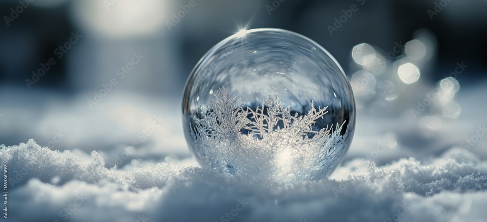 Poster intricate snowflake captured inside a delicate ice bubble on a snowy surface