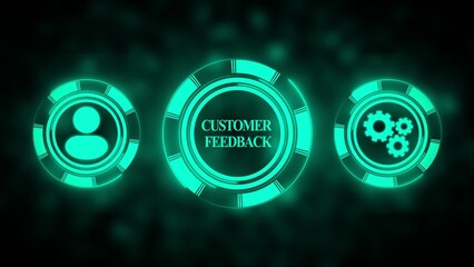 Three glowing neon teal digital circles with icons for customer feedback and gears on a dark bokeh background