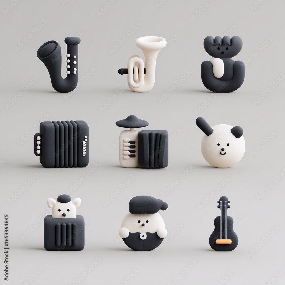 Poster a collection of whimsical black and white musical instruments and cute characters arranged in a grid