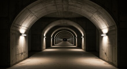 Obraz premium Long concrete tunnel with arched ceiling and lights