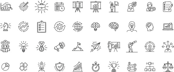 Corporate and Business Strategy Vector Icons – Leadership, Teamwork, Planning, Growth Outline Set