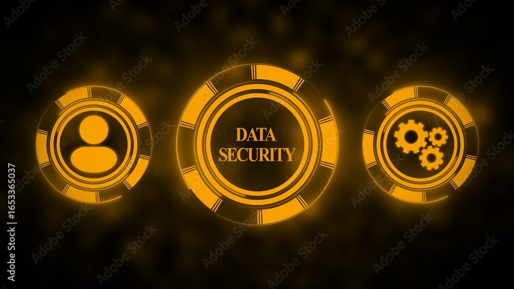 Poster three glowing orange circular interfaces with user icon data security and gears on a dark blurred ba