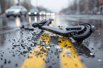 Damaged electric scooter after on-road accident in rainy weather
