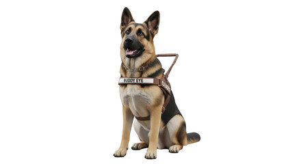 Alert german shepherd service dog wearing a vest sitting proudly isolated on transparent background