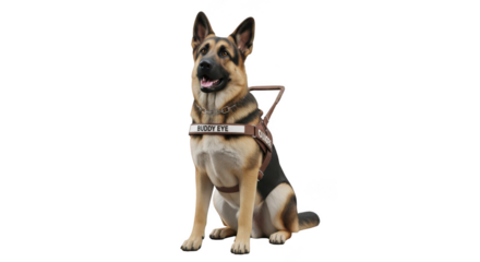 Alert german shepherd service dog wearing a vest sitting proudly isolated on transparent background