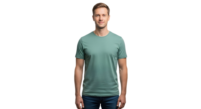 A confident caucasian man wearing a casual teal t shirt and blue jeans standing and looking directly forward isolated on transparent background
