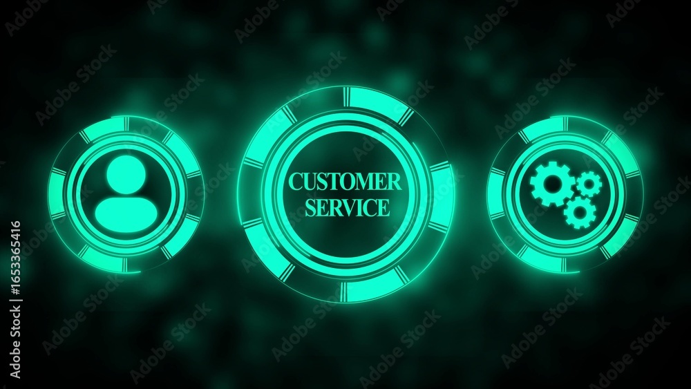 Aufkleber three glowing teal circular icons with customer service and gears symbols on dark background user