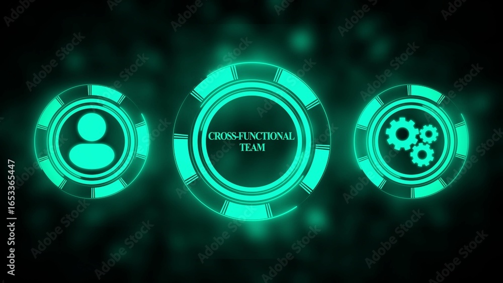 Poster three glowing teal circular interfaces with icons for people team and gears on a dark blurred backgr