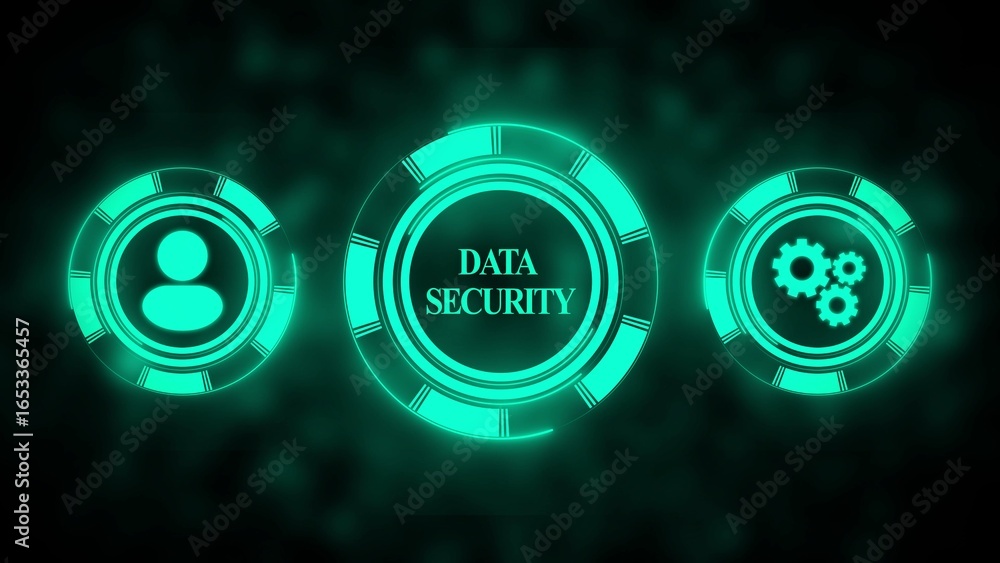 Poster three glowing teal circular interfaces with user icon data security and gears on a dark green blurre