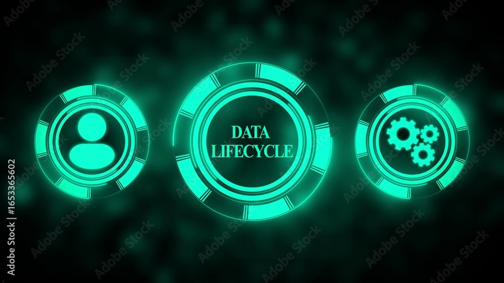 Poster three glowing turquoise digital circles with icons representing data lifecycle user and gear symbols