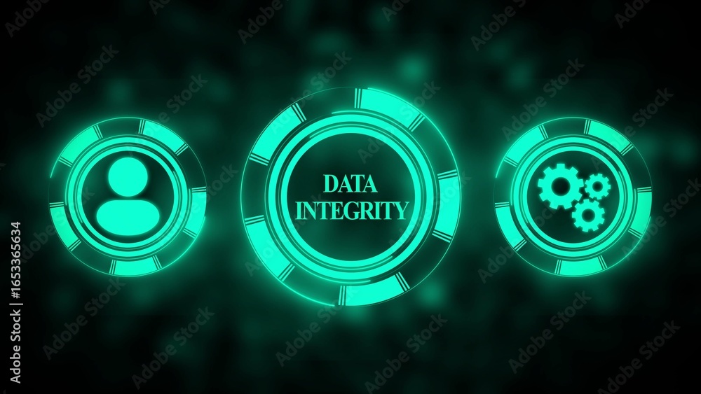 Aufkleber three glowing turquoise digital circles with icons representing data integrity and user and gear sym