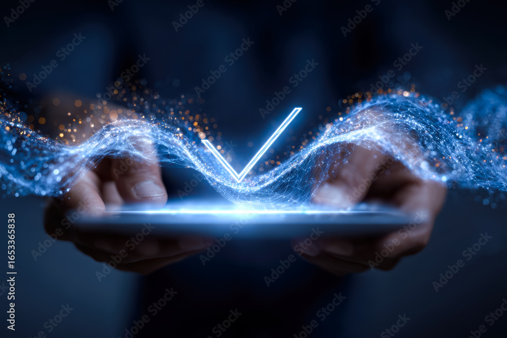 Aufkleber digital innovation with a glowing checkmark on a futuristic tablet interface