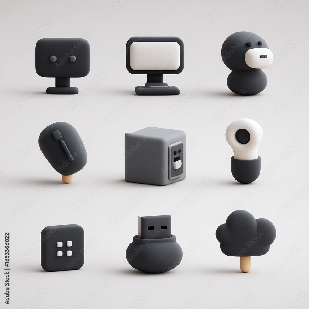Aufkleber a collection of minimalist 3d icons in monochrome style featuring various technology-related shapes 