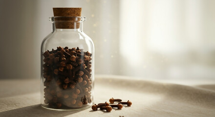 A clear glass jar filled with aromatic whole cloves, with a few cloves scattered on a textured surface.
