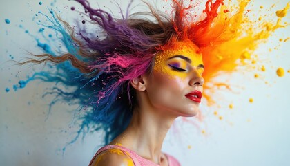 Woman with multi-colored hair splashes paint on face, body. Vibrant colors burst outwards, creating dynamic, artistic style. Features bold makeup, bright lips, creative coiffure. Celebrates beauty,