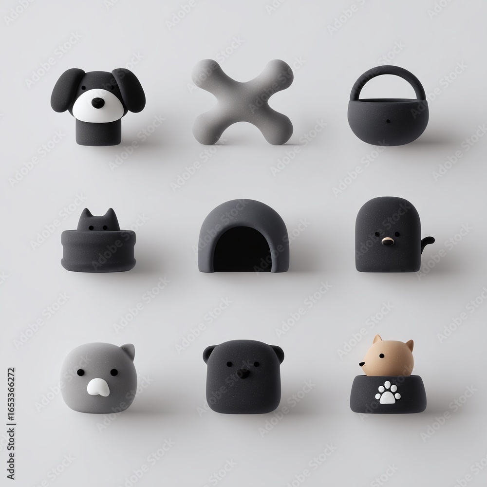 Poster a collection of cute 3d characters including animals and shapes on a plain background.