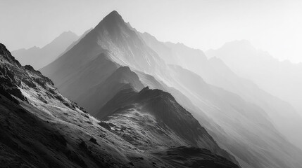 Mountains rise in monochrome. Atmospheric landscape. Misty peaks and ridges. Use for travel, design, marketing.