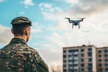 Soldier Operating Portable Drone for Urban Battlefield Surveillance and Military Intelligence