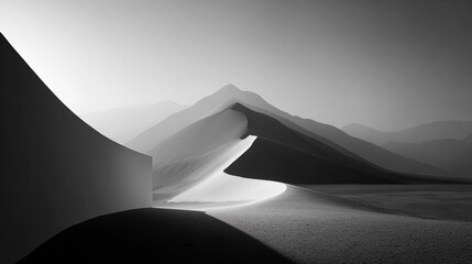 Minimalist desertscape in black and white. Dunes, mountains, abstract monochrome landscape. Ideal for web design, editorial, and marketing.