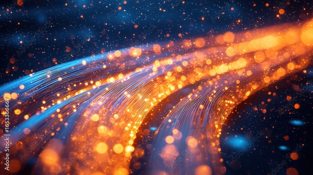Poster dynamic abstract light trails with vibrant bokeh effects and glowing particles