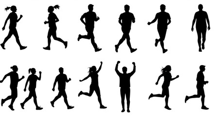 Fototapeta premium Dynamic silhouettes capture diverse runners celebrating fitness, movement, and active lifestyles in motion