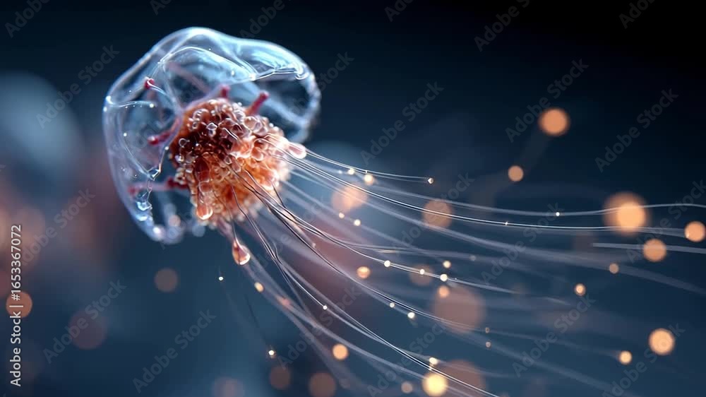 Aufkleber close-up view of translucent pinkish jellyfish swimming in underwater environment, filled with small