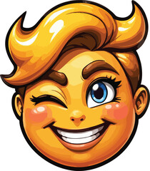 Obraz premium A cheerful cartoon face with bright blue eyes and a golden blonde hairstyle winks.