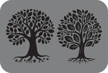 Fototapeta premium Two stylized black silhouette trees with intricate leaf patterns and exposed root systems stand against a soft gray background