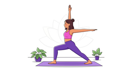 A tan-skinned woman with brown hair in a pink top and purple leggings is in Extended Side Angle Pose on a purple yoga mat, with potted plants on either side and a faint lotus flower in the background.
