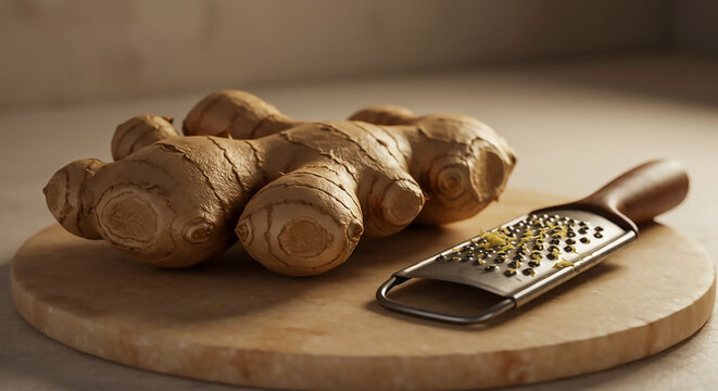 Fresh ginger root and grater on wooden board ready for cooking and culinary preparation, close-up shot. - Powered by Adobe