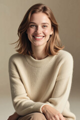 A young woman with long, auburn hair and a warm smile gazes directly at the viewer while wearing a cozy cream-colored sweater.
