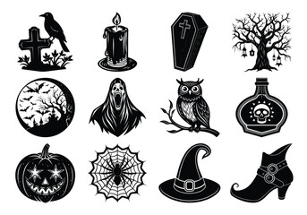 Collection of classic halloween symbols including a pumpkin, witch hat, owl, crow, coffin, candle, moon, and more, isolated on a white background
