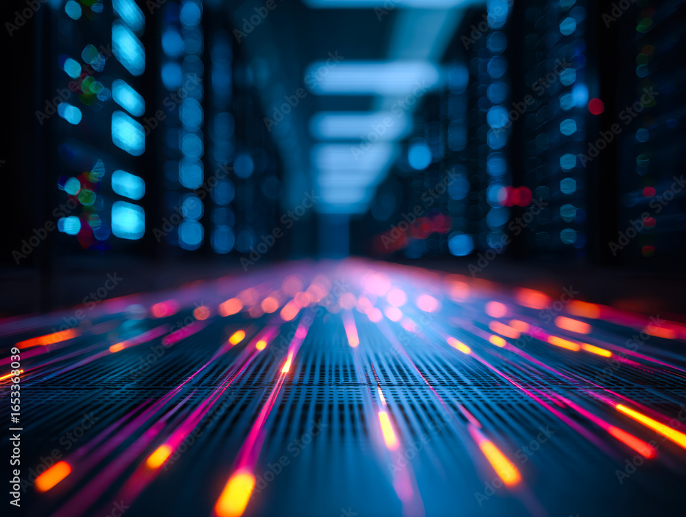 Poster futuristic data center with colorful illuminated pathways and server racks