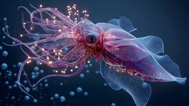 Close-up view of a bioluminescent, fantastical octopus in underwater CGI scene, exhibiting vibrant pink and purple hues Surrounded by hints of deeper aquatic environment Dominant colo - AI-Generated