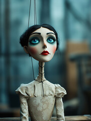 A hauntingly beautiful marionette sits on an old workbench in the abandoned workshop, rendered in a stylized, eerie 2D cartoon style. 