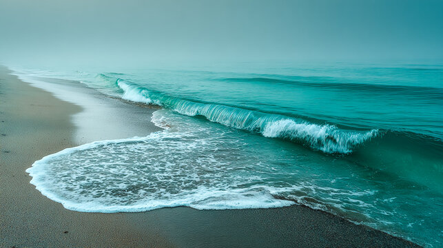 Ocean wave rolls onto sandy beach on foggy day. Ethereal seascape for travel marketing, web design, or coastal decor. Turquoise sea, tranquil scene.