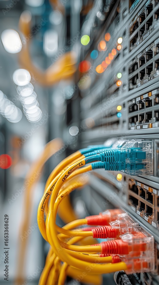 Aufkleber network cables connected to a server in a data center during a bright daytime setup.