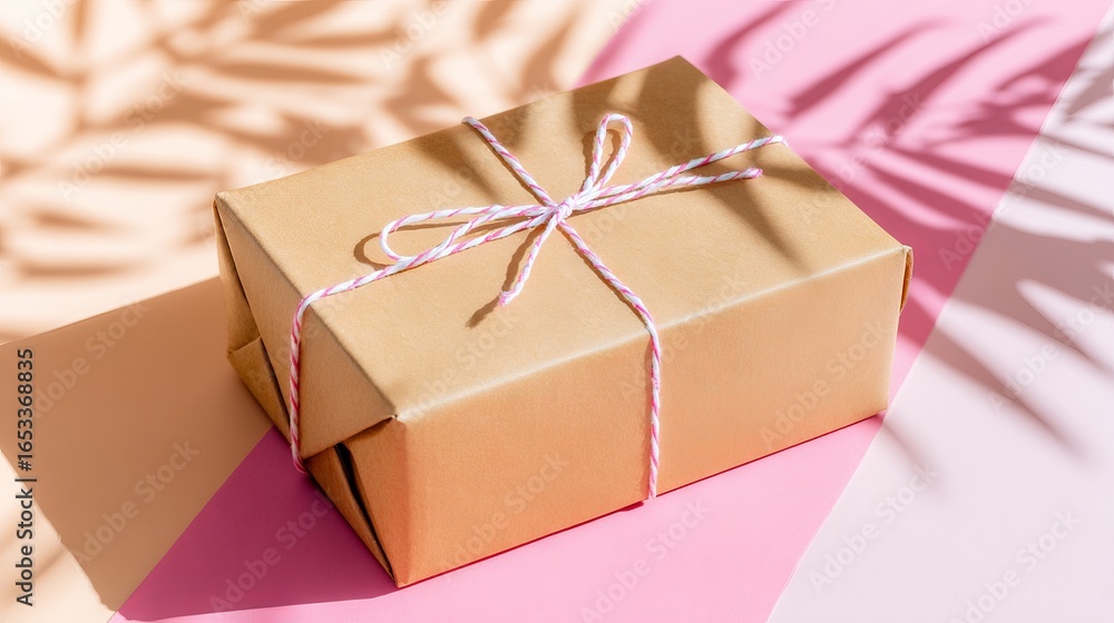 Poster brown gift box wrapped with twine sits on a colorful background, casting soft shadows, creating a wa
